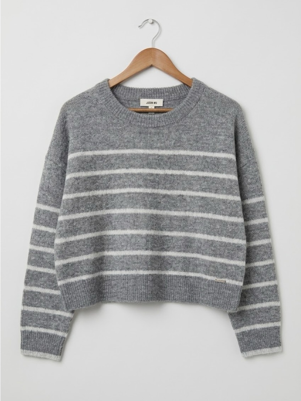 Jason Wu Gray White Striped Crewneck Knit Cropped Boxy Wool Blend Sweater Medium